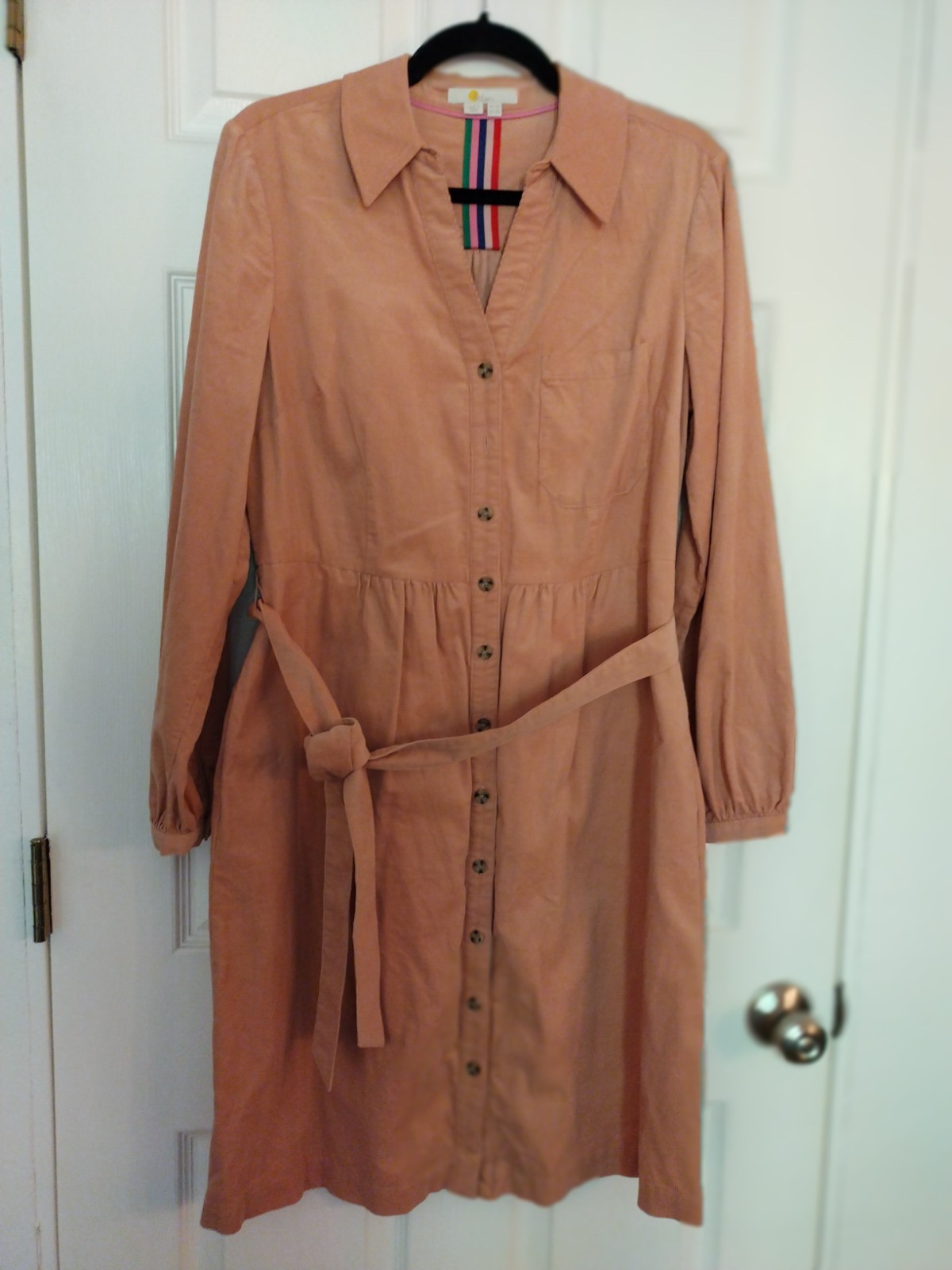 Boden Corduroy Knee Length Belted Shirt Dress Salmon Pink NWOT UK14/US10