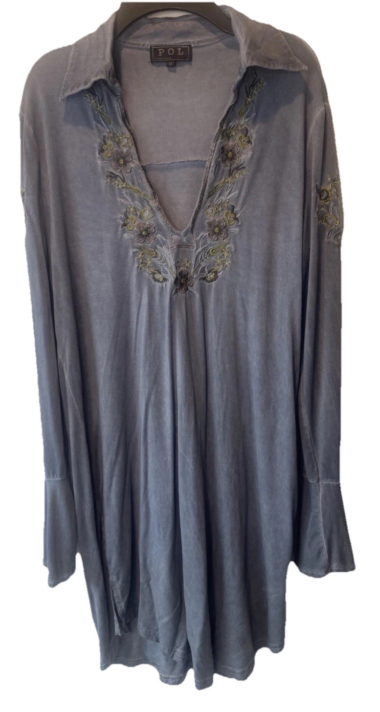 POL Blue Embroidered Floral V Neck Trumpet Sleeve Dress M Boho Artisan Festival