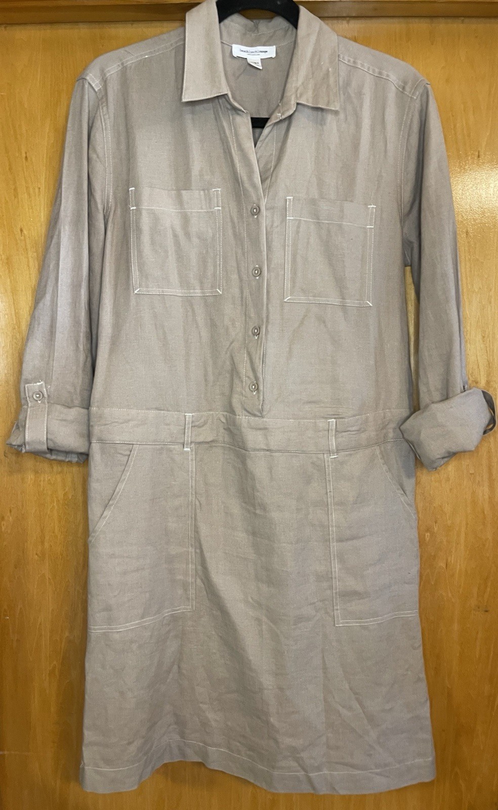 Beach Lunch Lounge Womens S Linen Blend Shirt Dress Oatmeal Knee Length Roll Tab