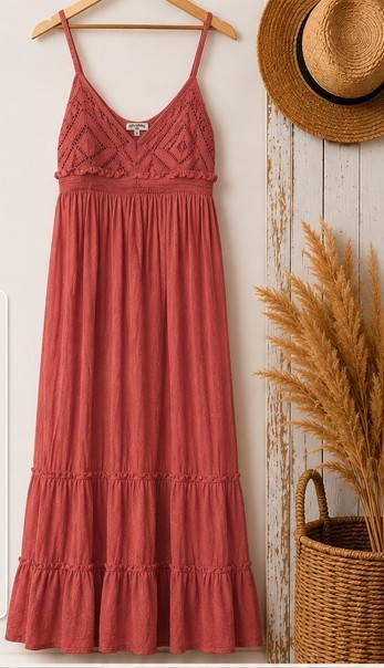 Billabong dusty Red Boho Maxi Dress L 100% Cotton Lined Beach Summer Made India
