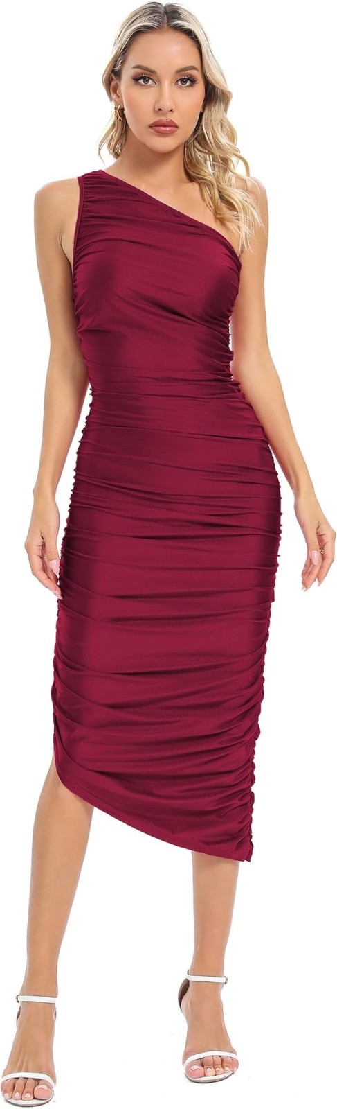 Capuffy Women’s One Shoulder Pencil Dress Ruched Bodycon Dresses MED Wine Red