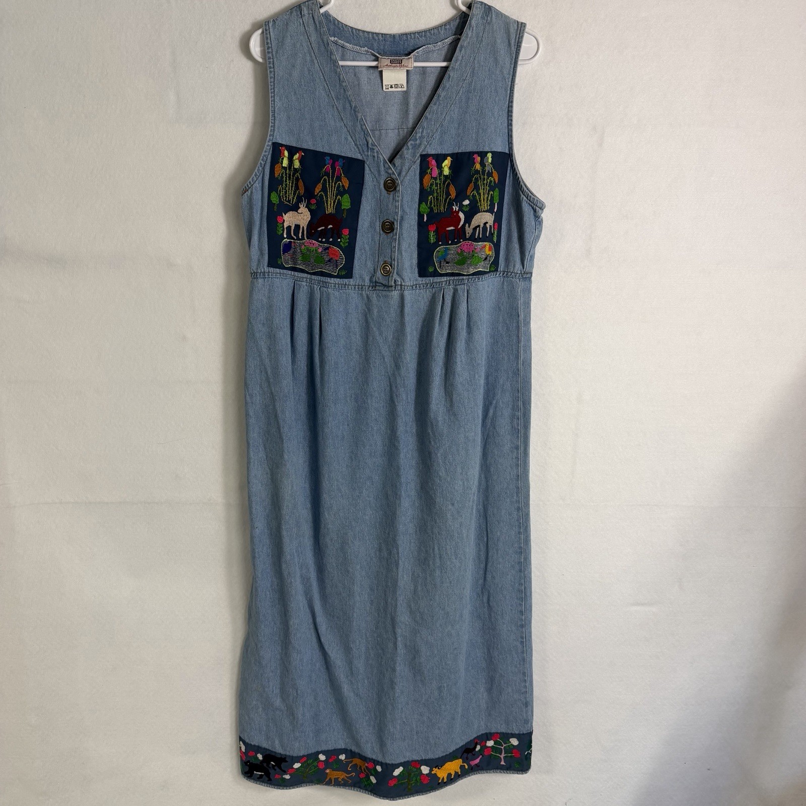 Vintage Denim Maxi Dress Womens L Embroidered Wildlife Animals Folk Teacher 90s