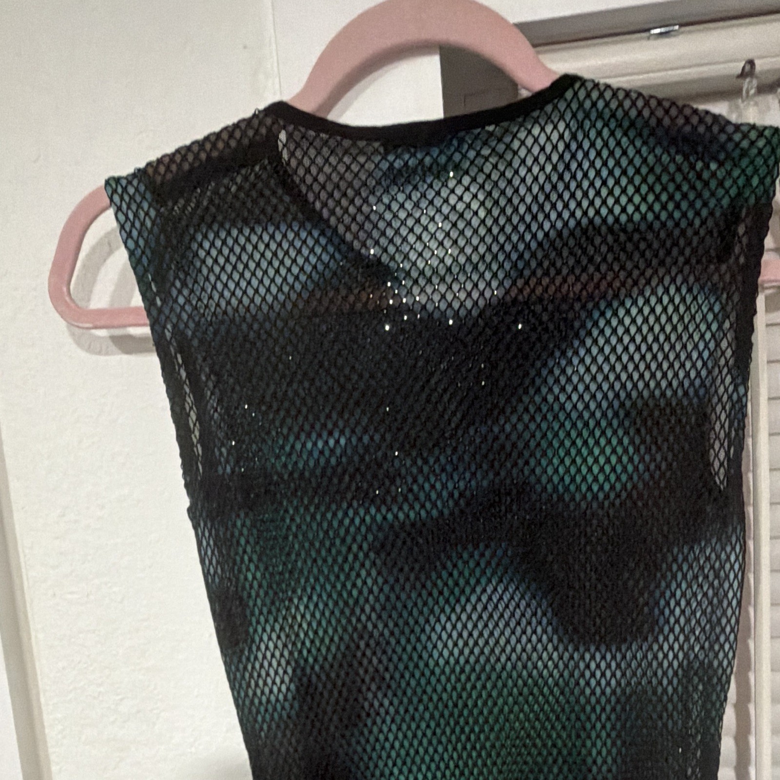 AMYLYNN XS/S Black Green Abstract Sheer Mesh Sleeveless Maxi Dress, Round Neck