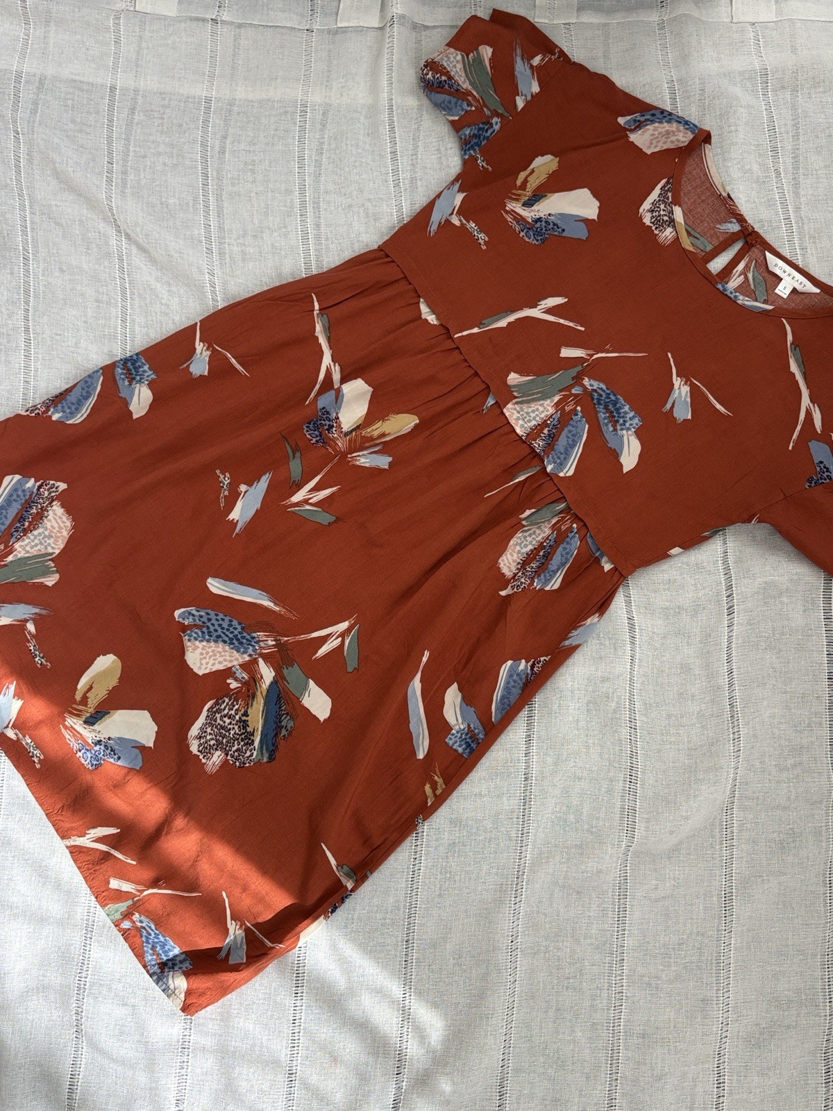 DownEast Rust Floral Midi Dress with Blue & Cream Accents