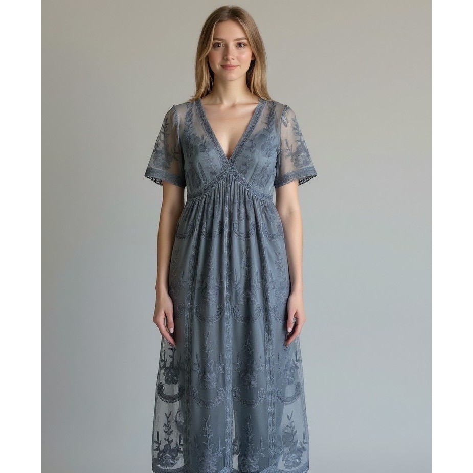 PinkBlush Lace Maxi Dress Women L Dusty Blue Floral Embroidery Mesh Twee Boho