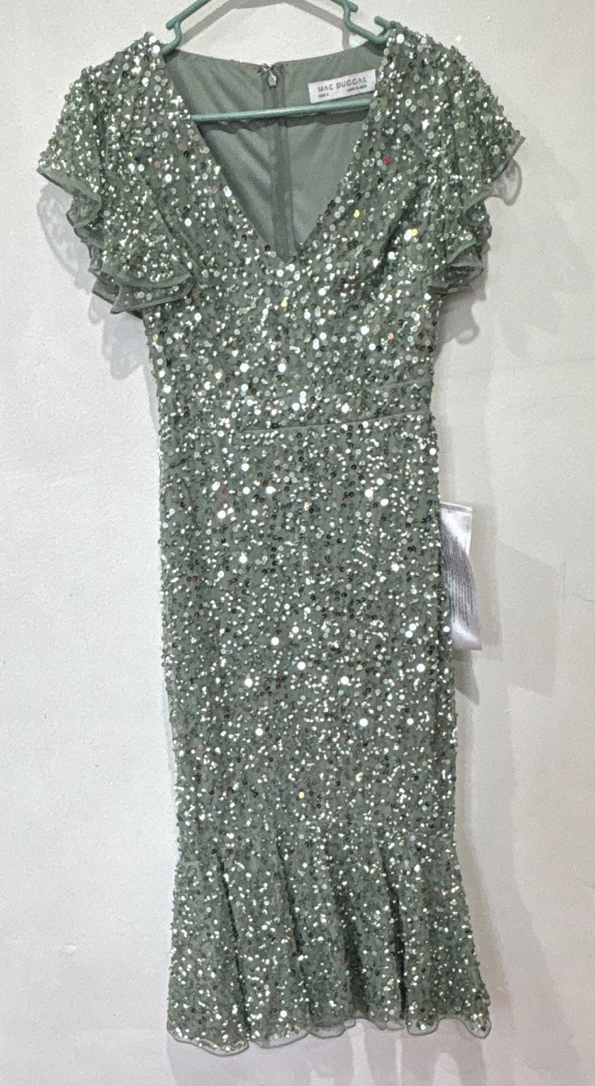 Mac Duggal 2 Green Sequin Mesh A-Line Midi Dress V-Neck Flutter Sleeve Zip