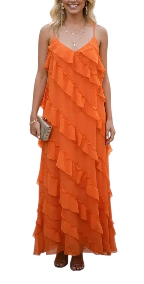 NWT Evoked Vila Sz EU48 (US 16) Womens Orange Ruffle Formal Maxi Slip Dress