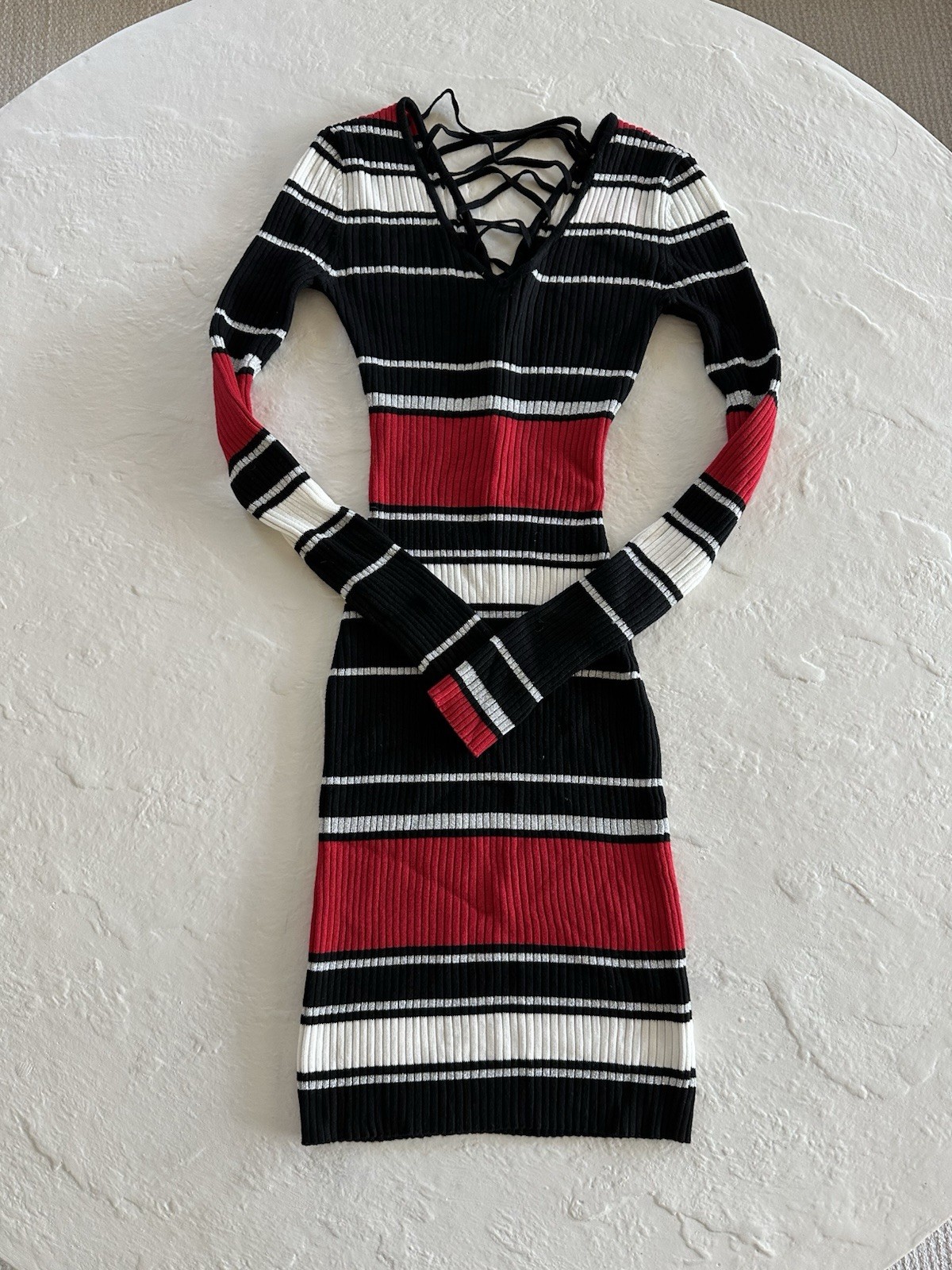 Planet Gold Black, White, Silver, and Red Horizontal Stripes Bodycon Dress