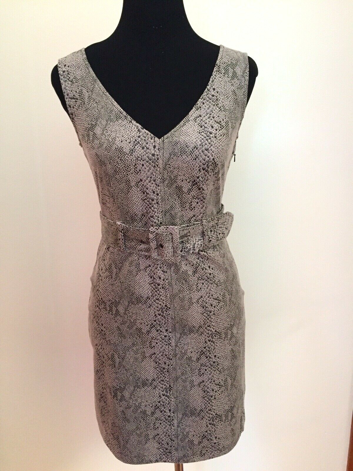 BAR III DRESS~XS~FAUX SUEDE SNAKE EMBOSSED~GRAYS & TANS~SLEEVELESS~V NECK~BELTED