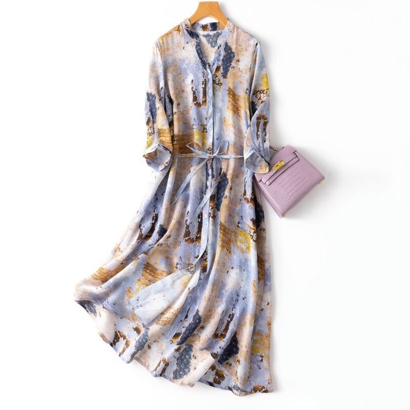 100% Mulberry Silk Women Shirt Dress Half Sleeve Blue Print Midi Dress MM801