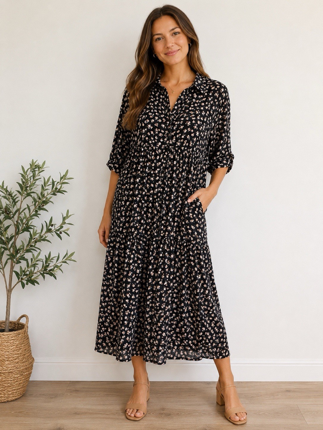 Natural Life Rebecca Midi Dress Size M Black Floral Tiered Boho Shirt Dress