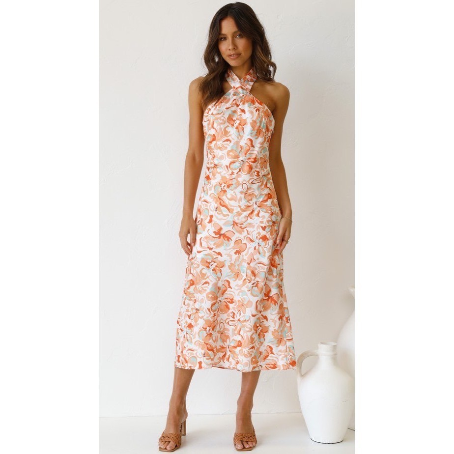 NWT All About May Orange Floral Halter Midi Dress Size US 2 Vacation Open Back