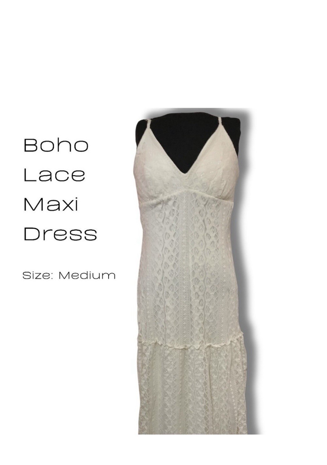 HeartSoul White Solid Lace Boho Maxi Dress V-Neck Strappy Sleeveless M