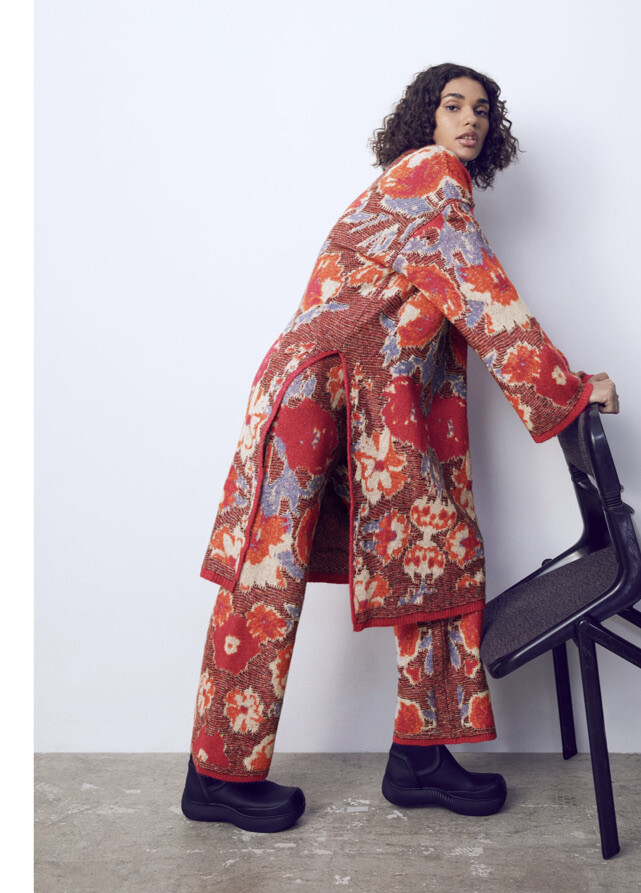 ZARA Floral JACQUARD KNIT Tunic Sweater Jumper Baggy & Straight Leg Pants Set S