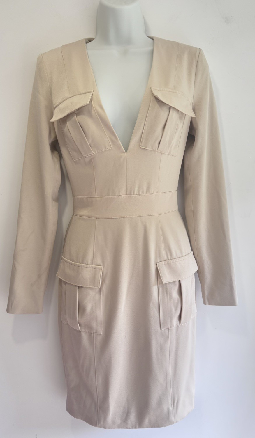 House of CB Alea Midi Dress XS Nude Beige Satin Bodycon Long Sleeve Going Out
