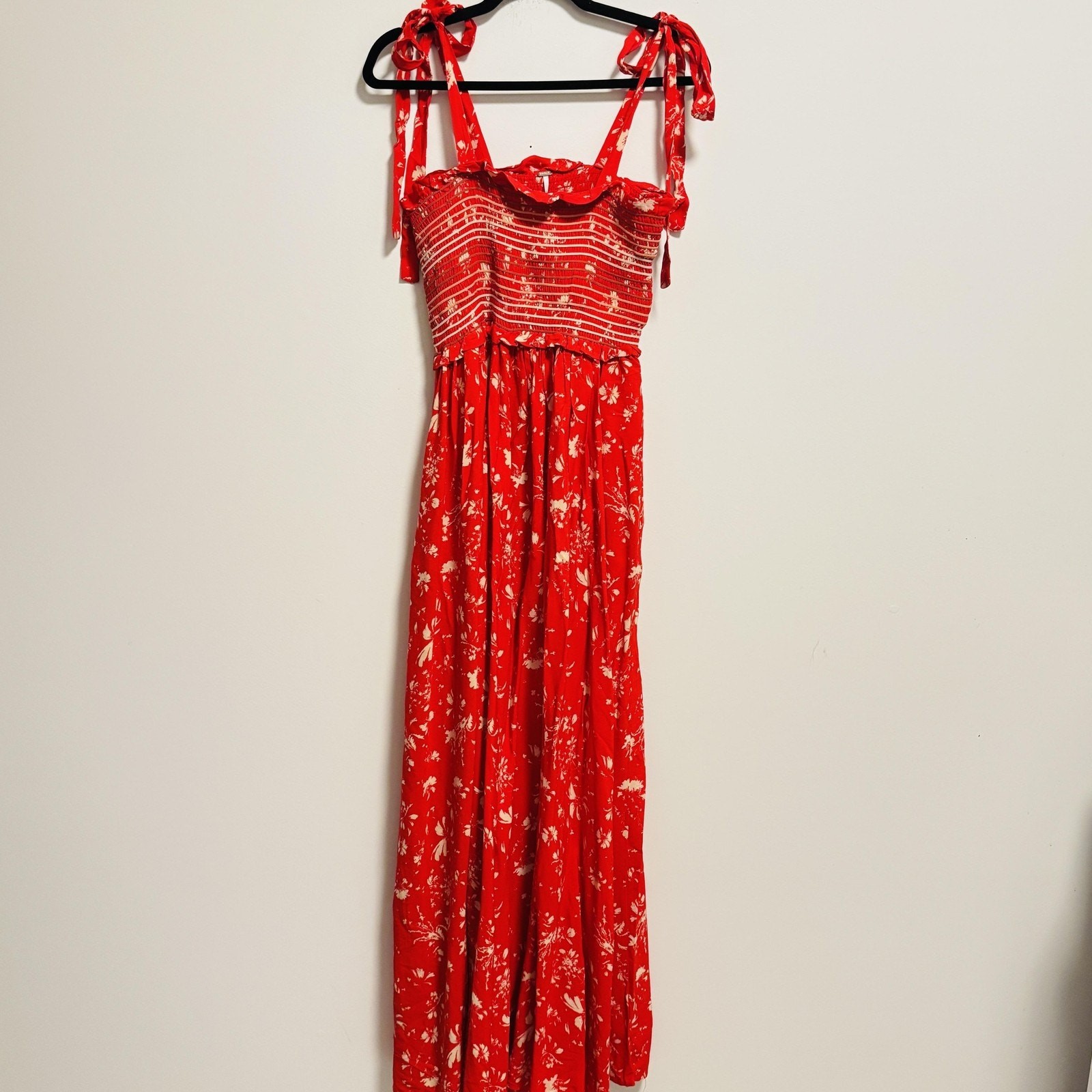 Free People Dress Womens Small Red Palazzo Jumpsuit My World Smocked Maxi NWT