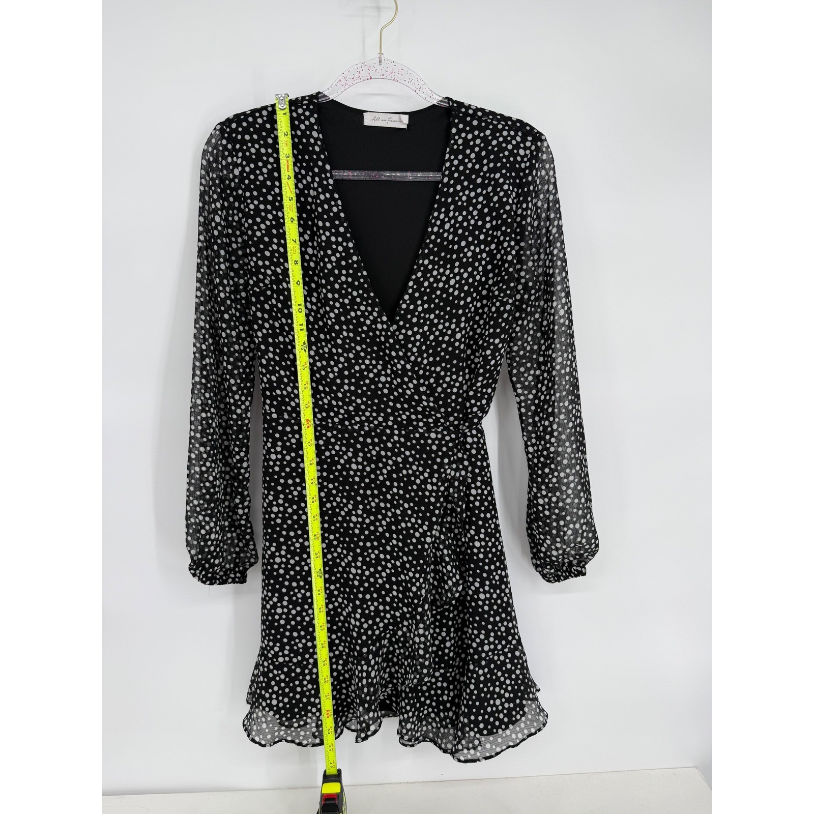 All in Favor Black Dotted Wrap Ruffle Hem Mini Dress Size S