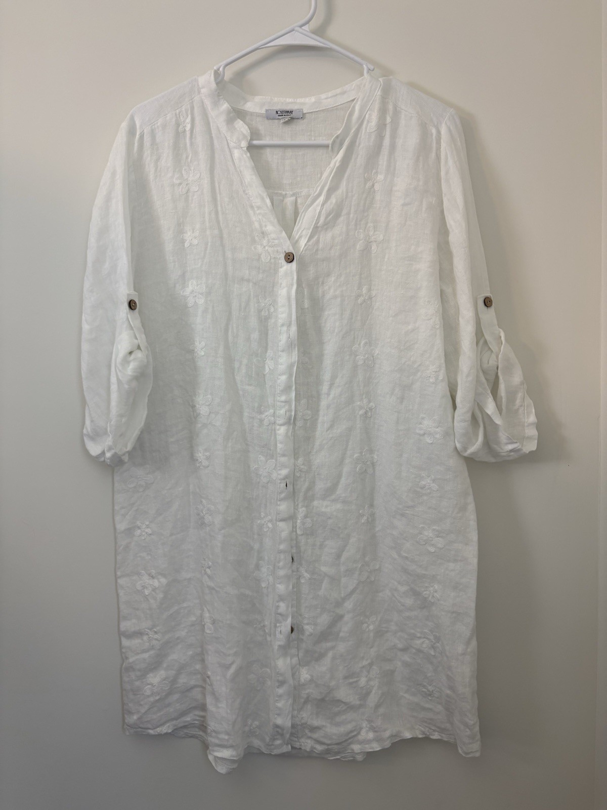 Rosemarine Shirt Dress 100% Linen Medium Embroidered Button Up Italy 3/4 Sleeve