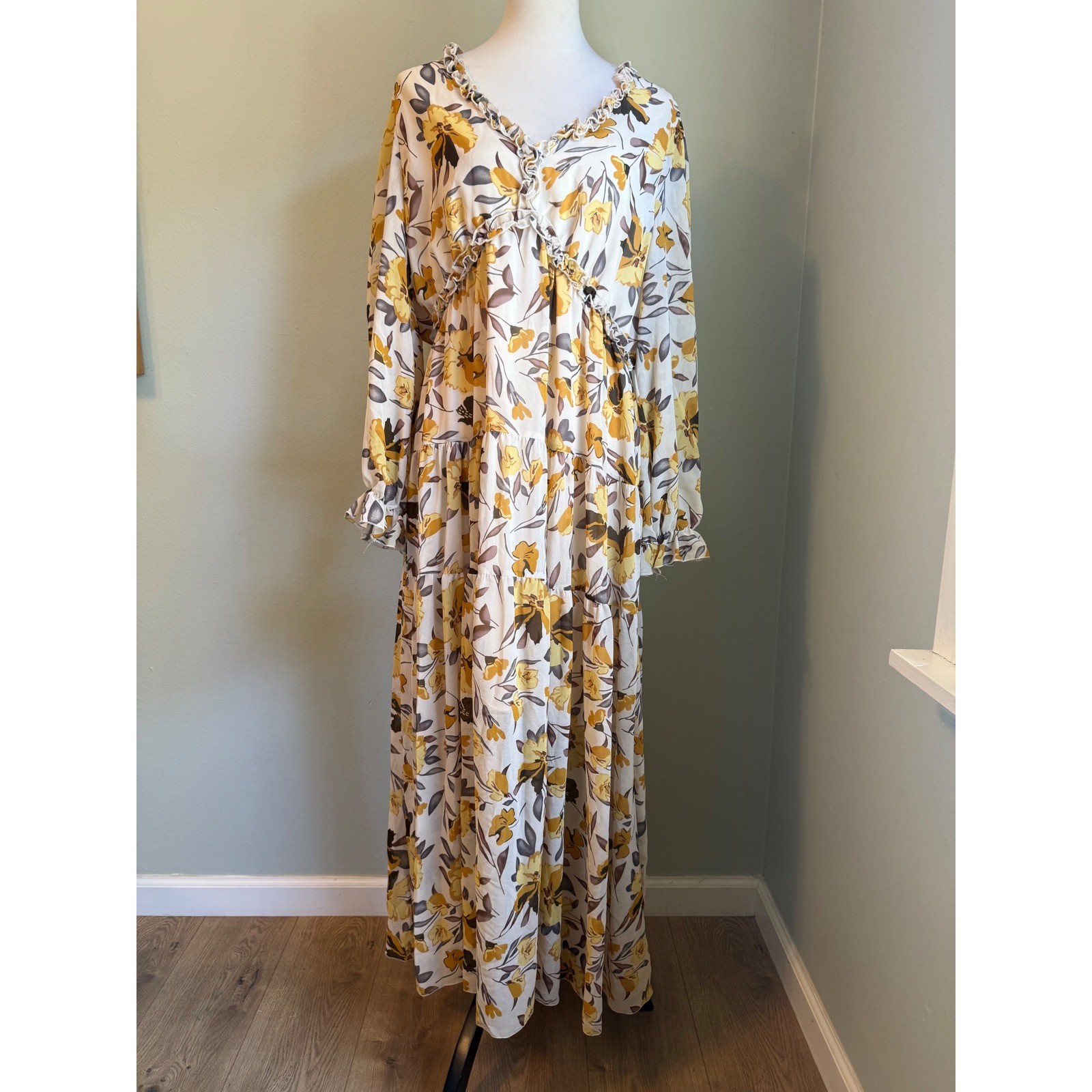 Floral Ruffle Maxi Dress Yellow Brown Long Sleeve Tiered Boho XL whimsigoth retr