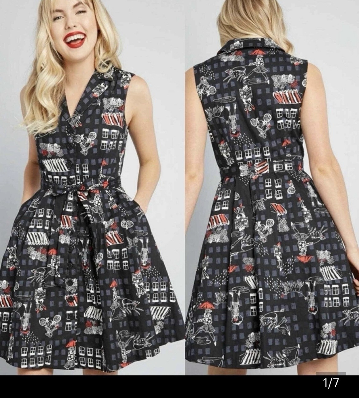 ModCloth Black White Red Graphic Fit & Flare Dress L Collared Button Belted