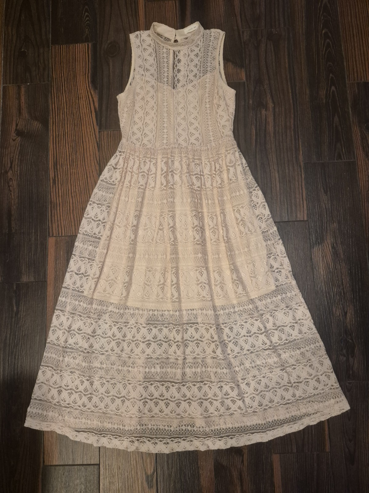 Just Me Lace Midi Dress SZ S Light Peach Pink High Neck Sleeveless Romantic Boho