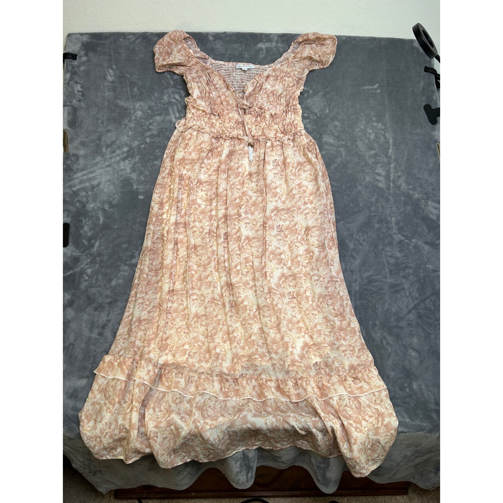 And Now This Womens Floral Smocked Maxi Dress Pink Cream Short Puff Sleeve L