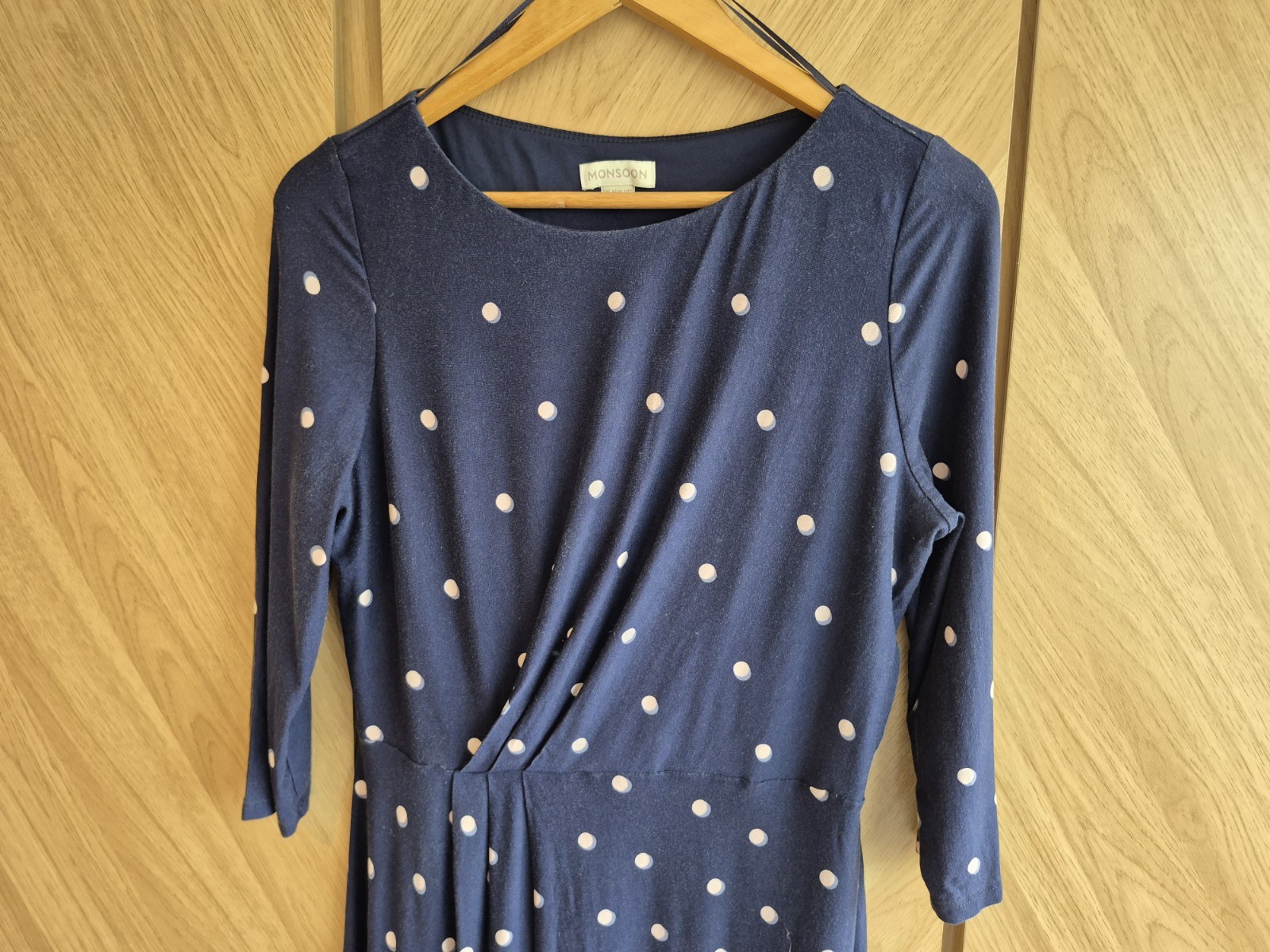 Beautiful Monsoon navy blue spotty jersey tunic dress size 16 VGC