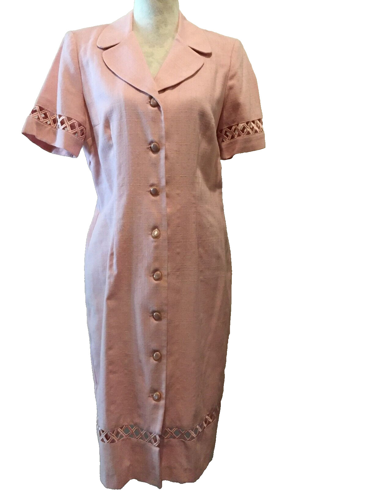 Leslie Fay Button-down Dresses, SZ 10 Pink, Open X-trim on sleeves & Hem Vintage