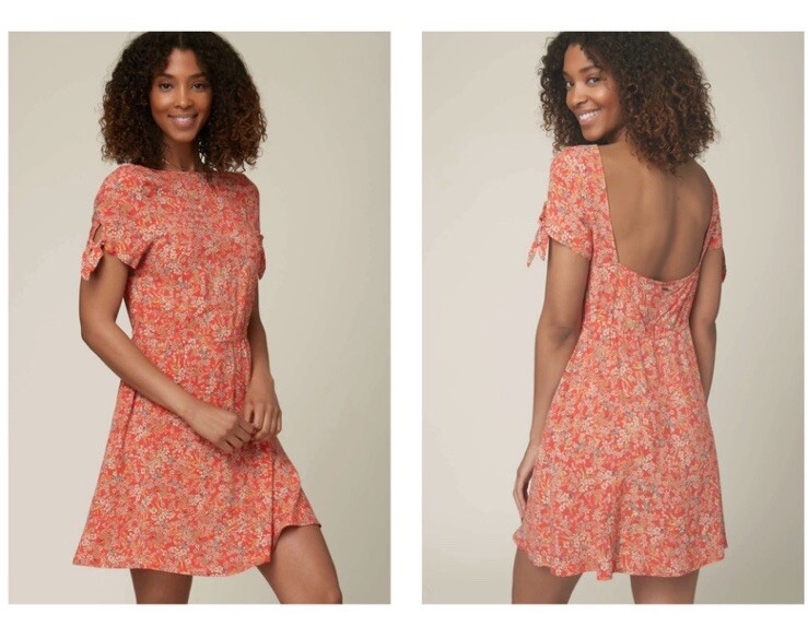 O’Neill Luciana Tie-Sleeve Surfer Girl Dress Orange Flower Size S GORGEOUS