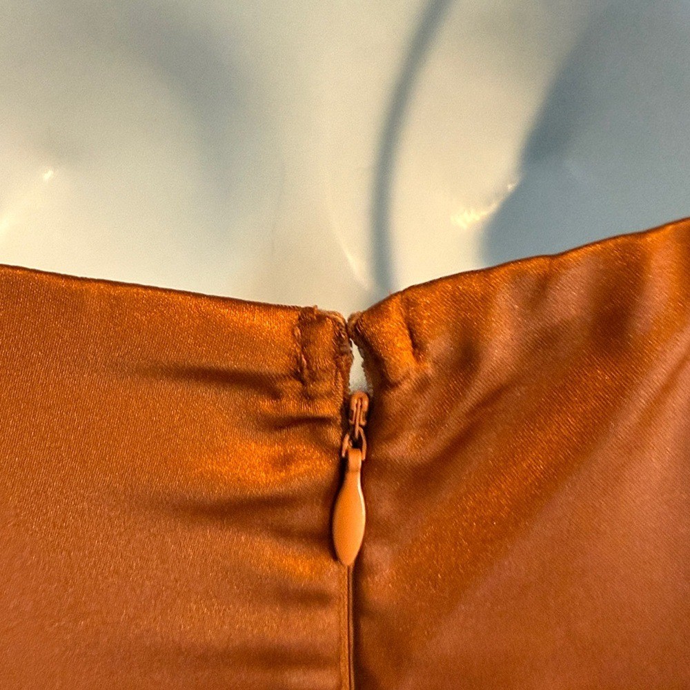 Luxurious Marvel Rust Orange Satin Ruched Column Dress