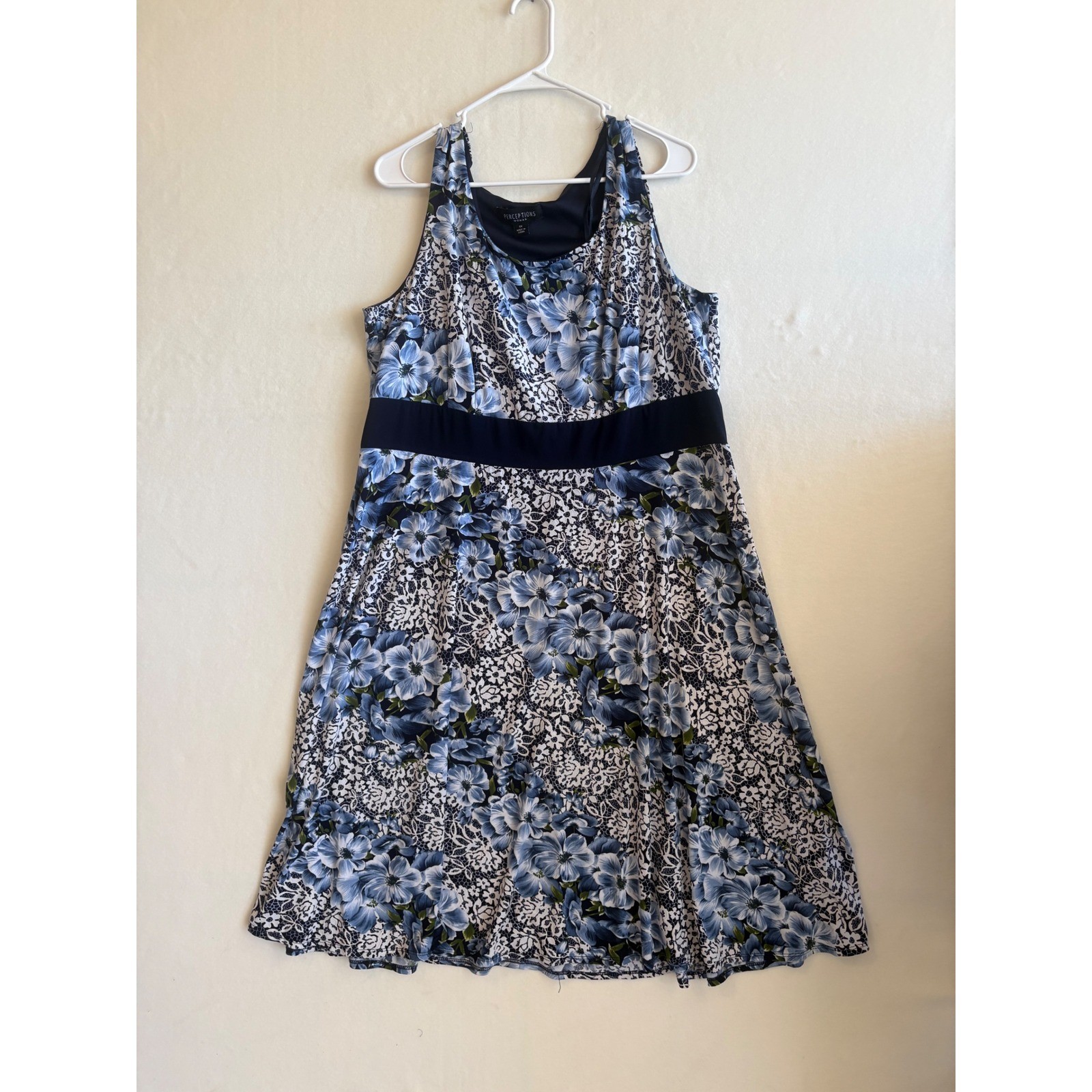 Perceptions Woman Blue Floral Lace Print Empire Waist Sleeveless Dress 1X