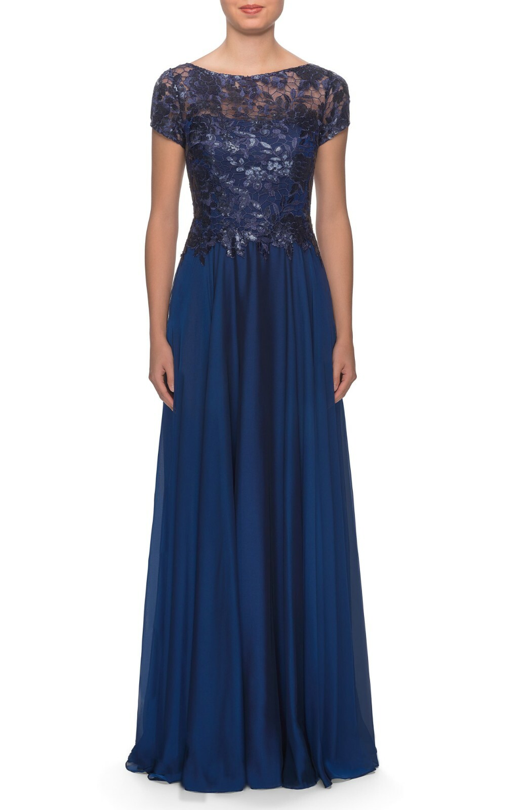 La Femme Floral Lace & Satin Gown, Size 20 in Navy