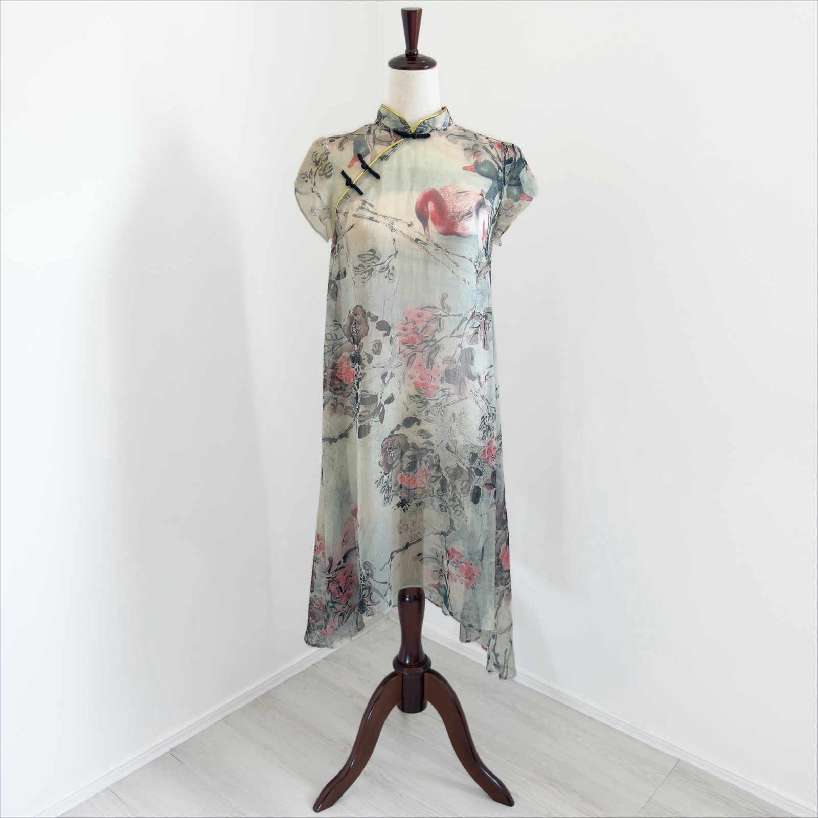 Delicate Cheongsam Dress Womens Small* Bird Mandarin Collar Whimsical Dainty