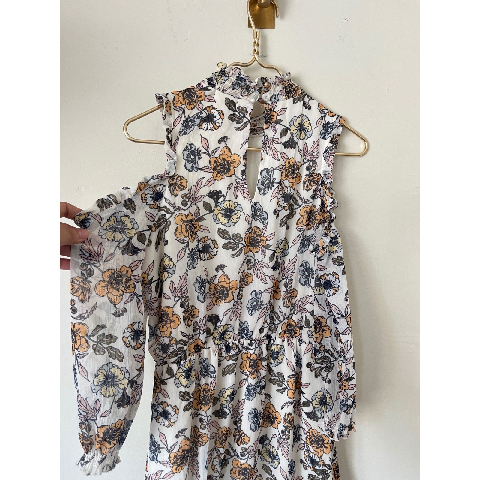 Eyeshadow Floral Cold Shoulder Mini Dress White Orange Blue Mock Neck Large