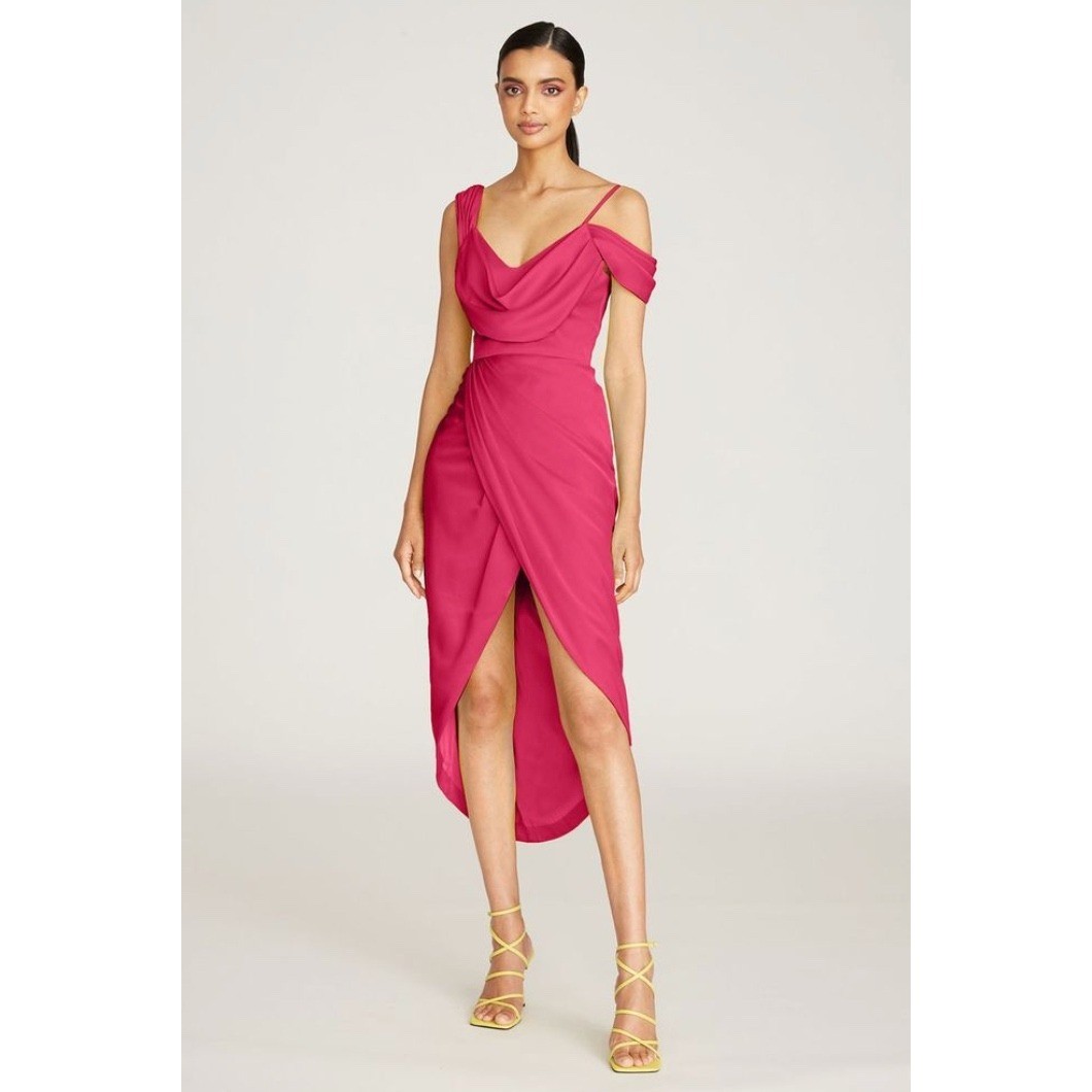 NEW THEIA Andi Fuchsia Pink Faux Wrap Cowl Neck Tulip Midi Dress 8817573 WMNS 12