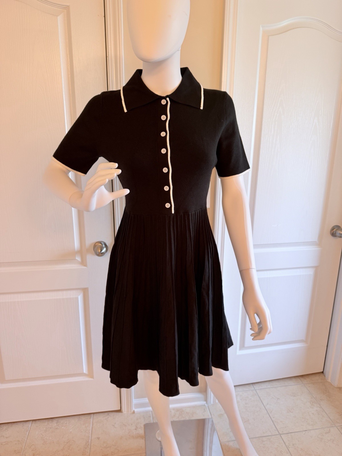 NEW Polo-Collar Short Sleeve Pleated Summer Ribbed Knit Midi Dress Size S