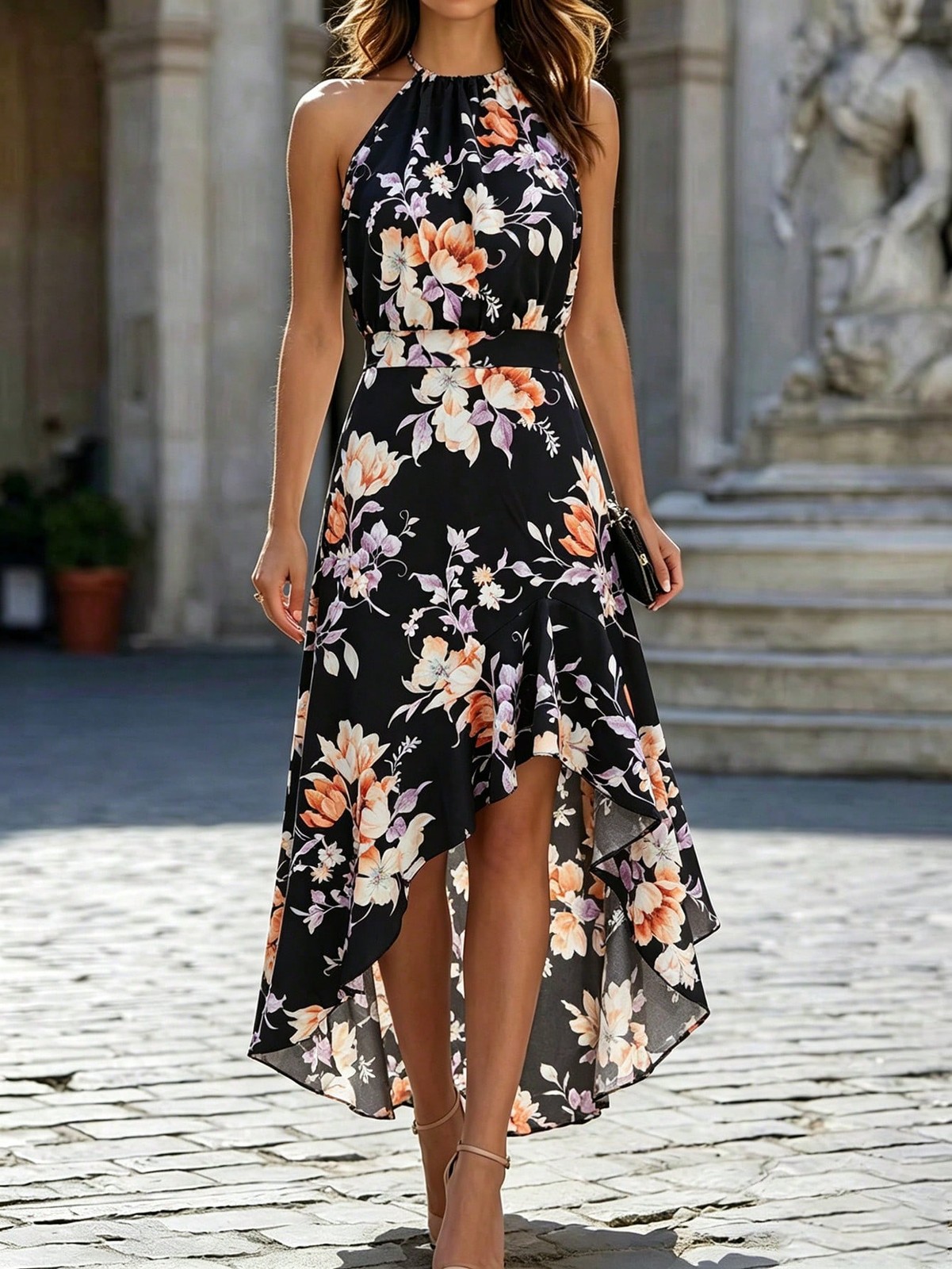 Elegant Floral Print Holiday Asymmetrical Ruffle Dress