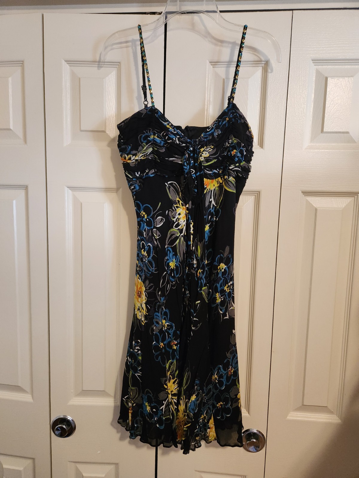 Eva Blue sleeveless dress, size 10, black with flowers, soaghetti straps