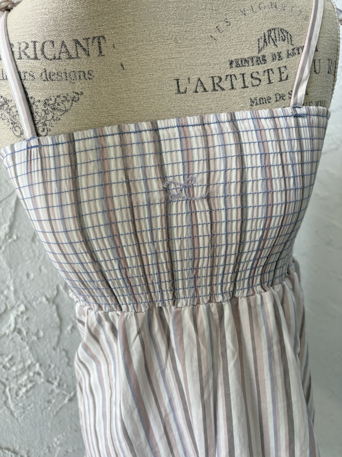 L by Ladida Slippe Beige White Blue Striped Cotton Knee Sundress Ruffle Bow 8
