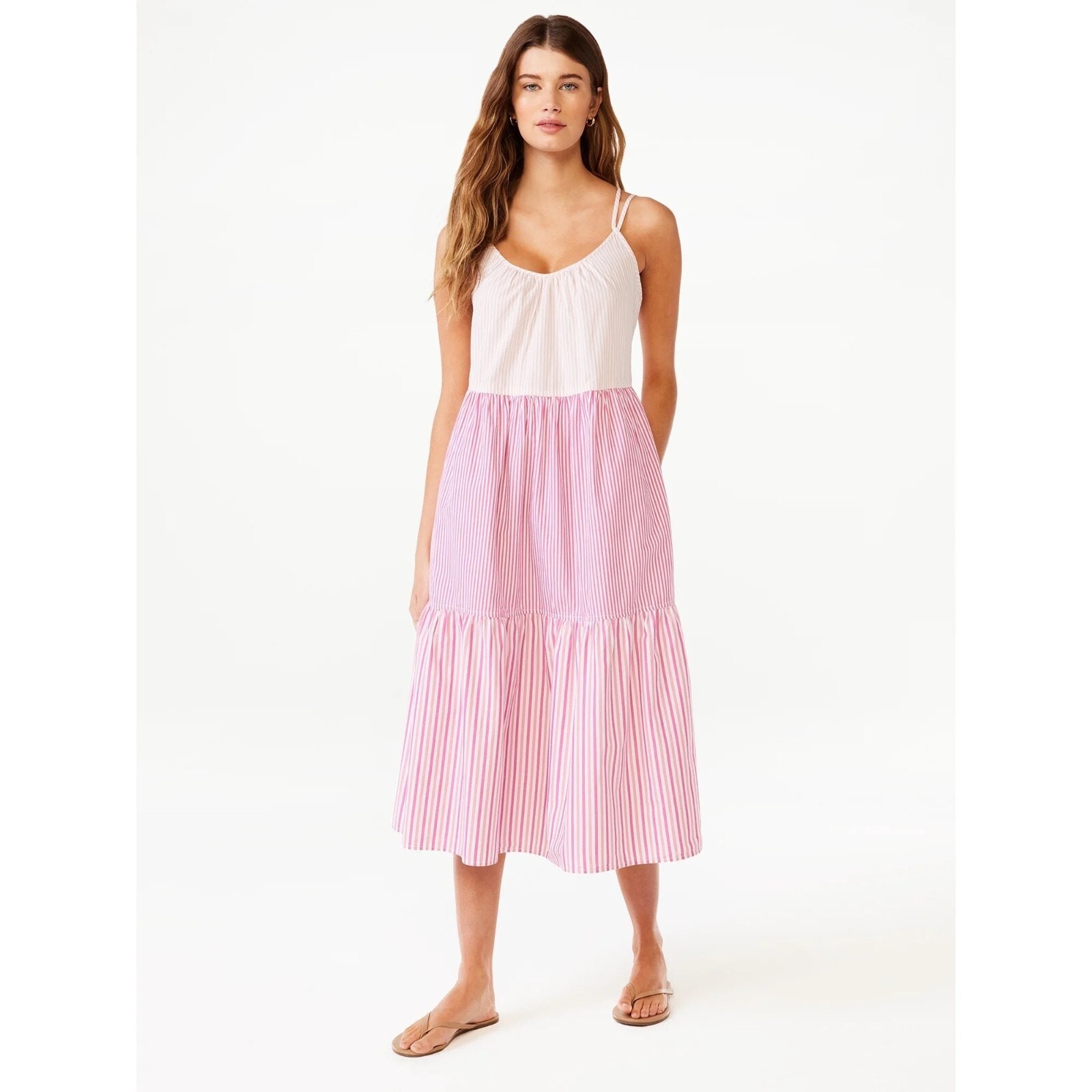 Free Assembly Women’s Sleeveless Double Strap Cross Back Tier Midi Dress Pink M