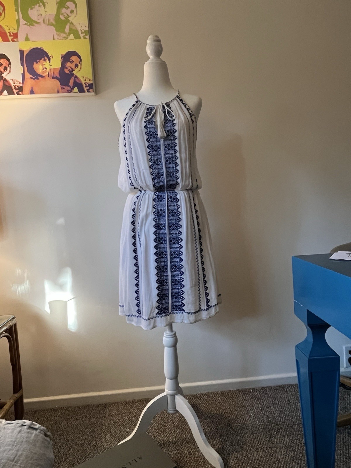 White Blue Embroidered Halter Neck Tassel Tie Elastic Waist Dress