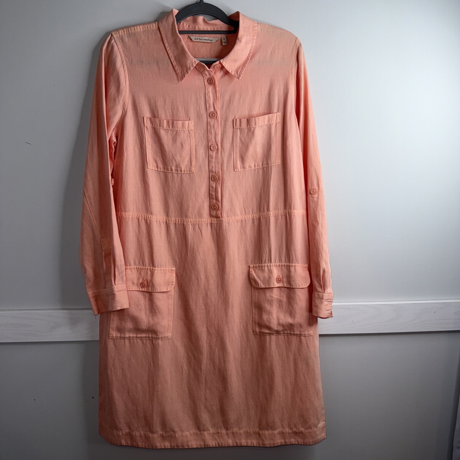 Soft Surroundings Kiran M Peach Nectar Shirt Dress Linen Blend Roll Tab Sleeves
