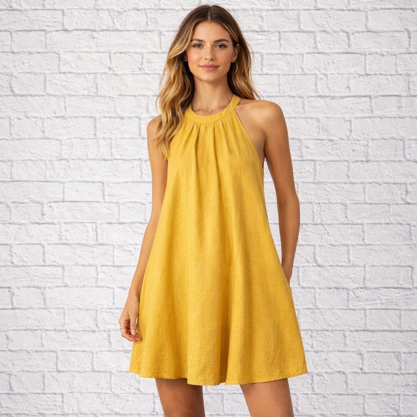 NWT Promesa Mustard Linen Blend Halter Swing Dress A-Line Mini Pockets SZ L
