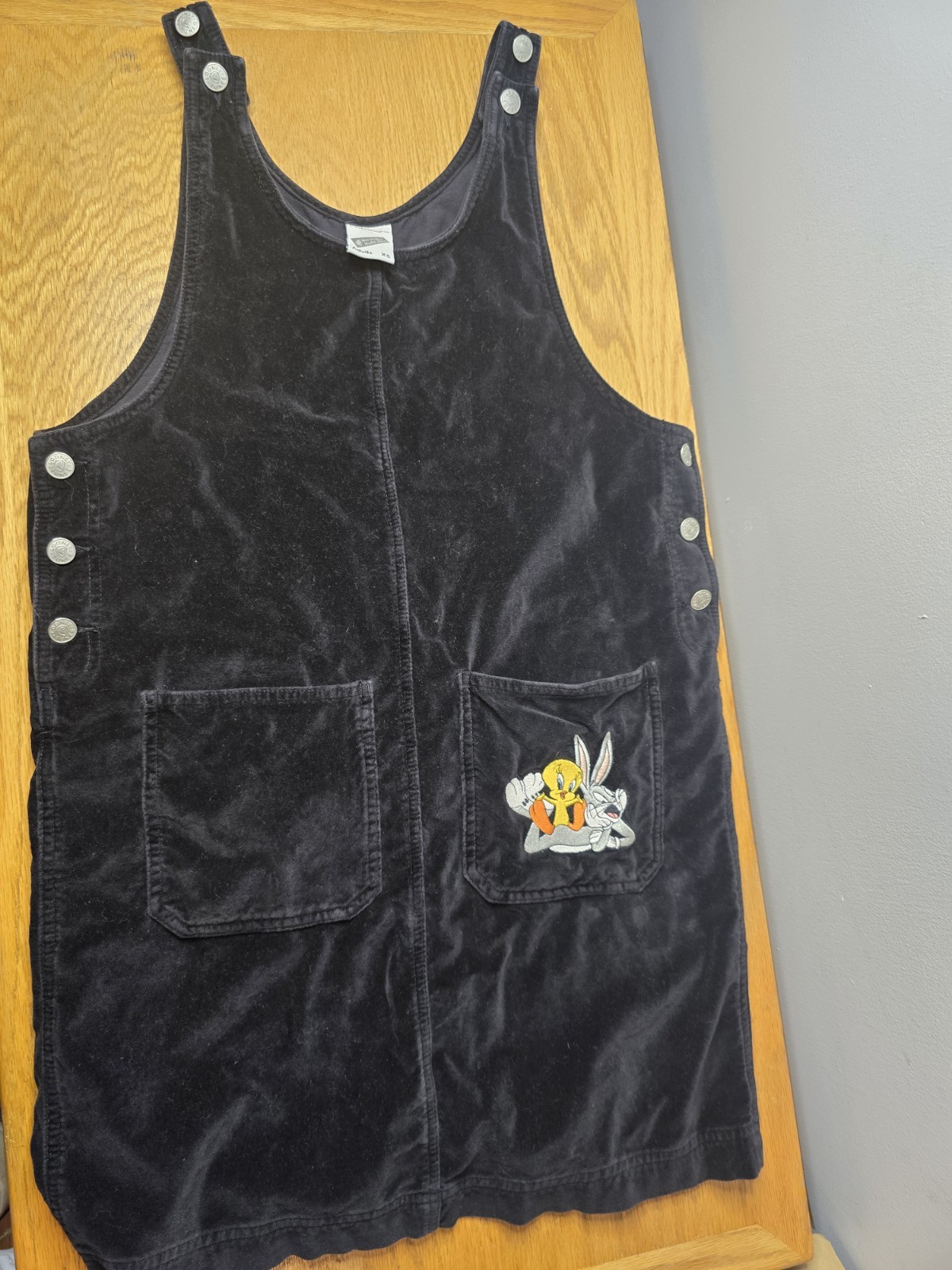 Vintage Y2K Looney Tunes Black Velvet Overall Dress Tweety Bugs Bunny X-Small
