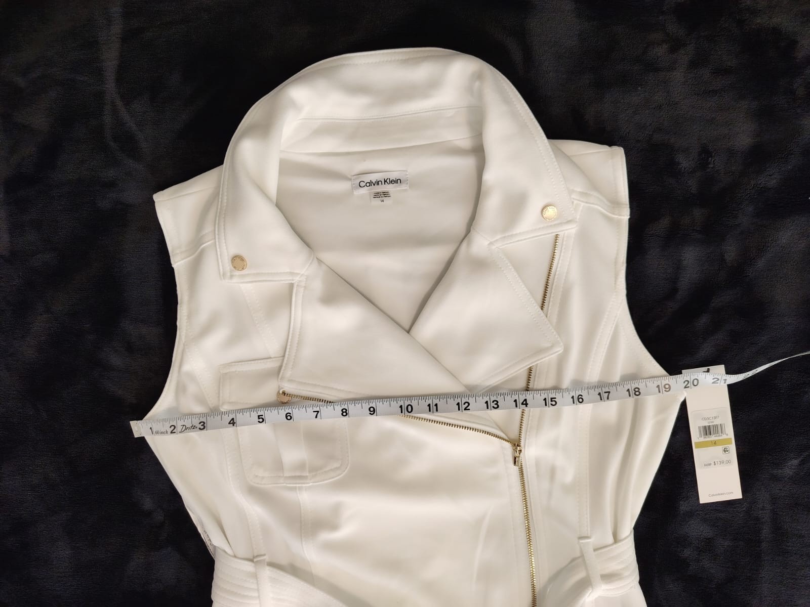 Calvin Klein women’s sleevless moto dress with tie belt white/cream NWT Size 14