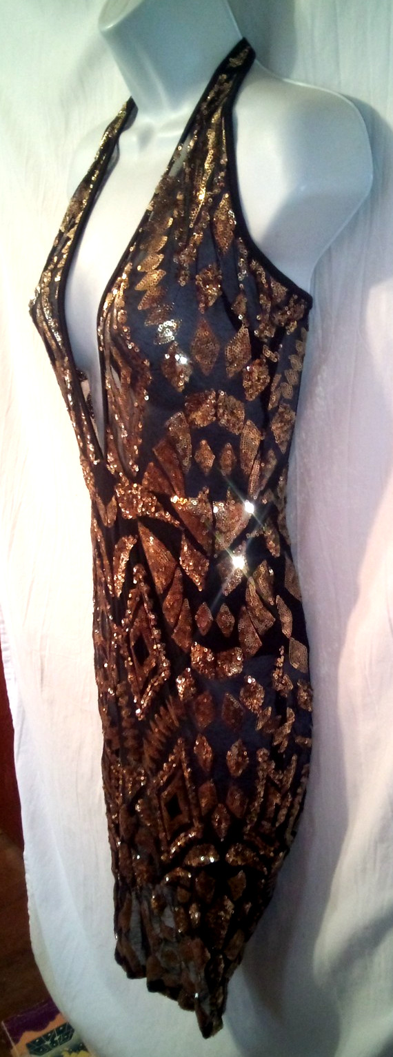 Fashion Nova~M~Sheer Black Gold Sequins Plunging Halter Dress Attached Panties~Q