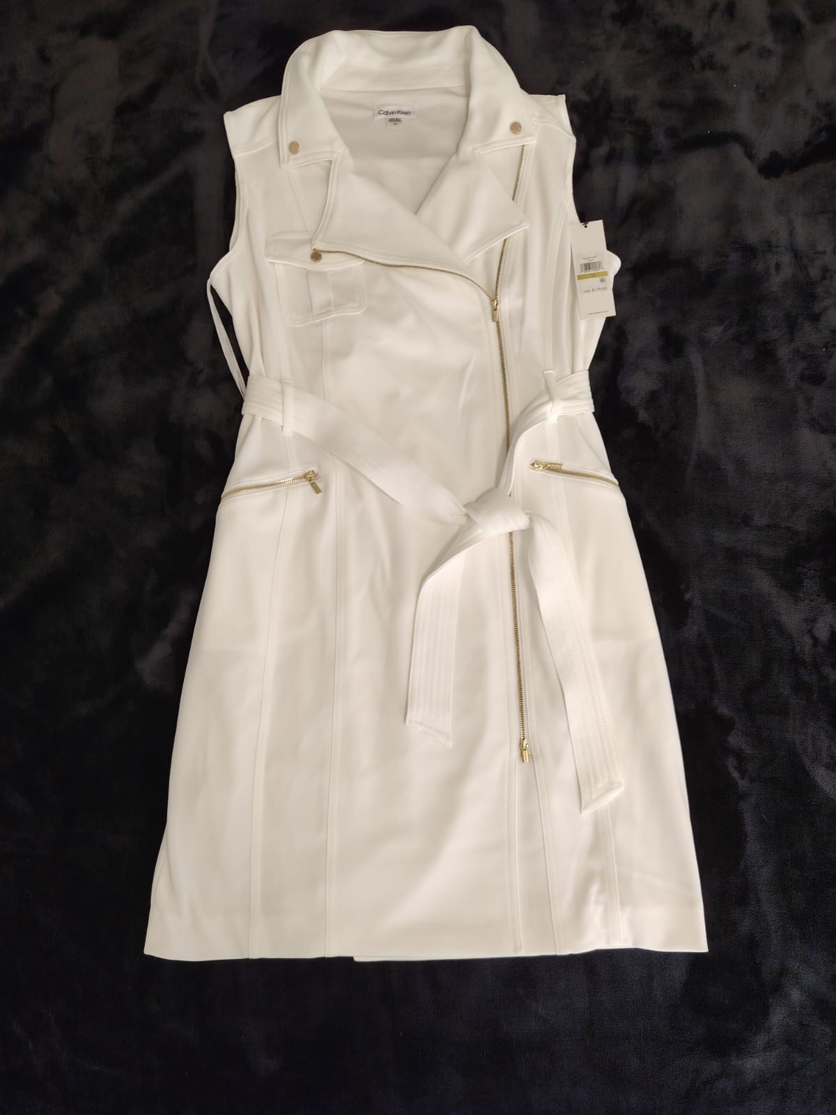 Calvin Klein women’s sleevless moto dress with tie belt white/cream NWT Size 14