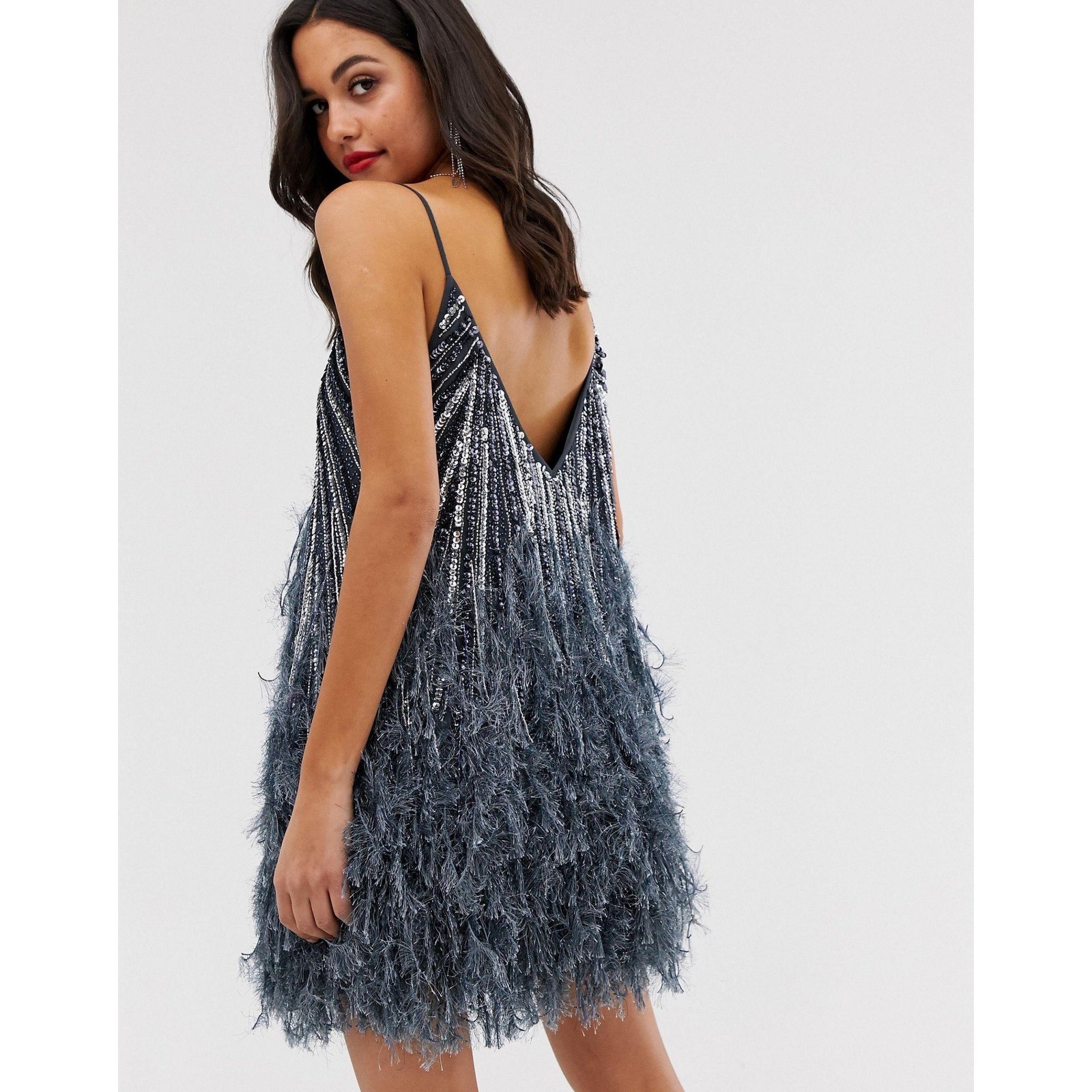 ASOS Edition Sequin and Feather Mini Dress midnight Grey Flapper 1920’s US 6 NEW
