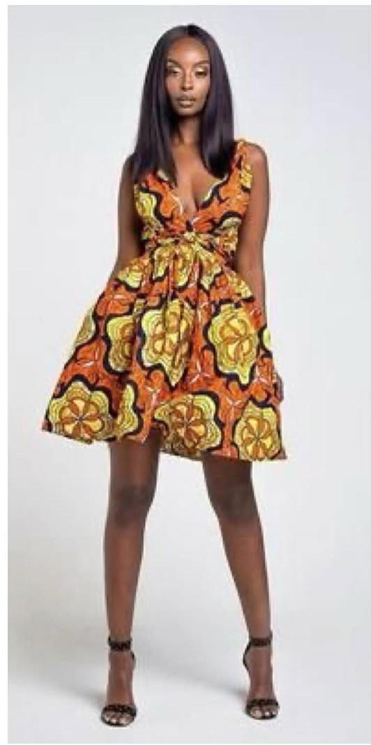 NWT OFUURE African Ankara Print Halter Muni Dress Orange, Yellow Bold Sz S/L