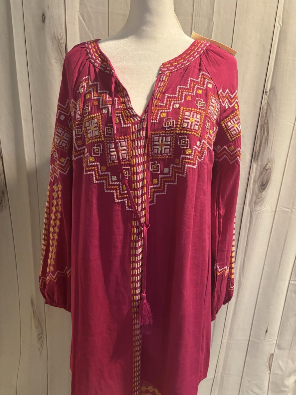 Savanna Jane Women’s Embroidered Pink Shift Dress Small Boho Lined Tassel NWT